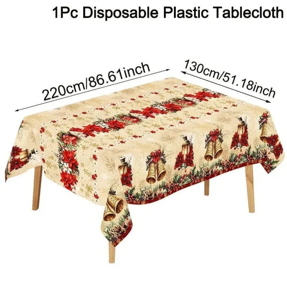 51x87in Elegant Disposable Red Poinsettia Floral Plastic Christmas Tablecloth